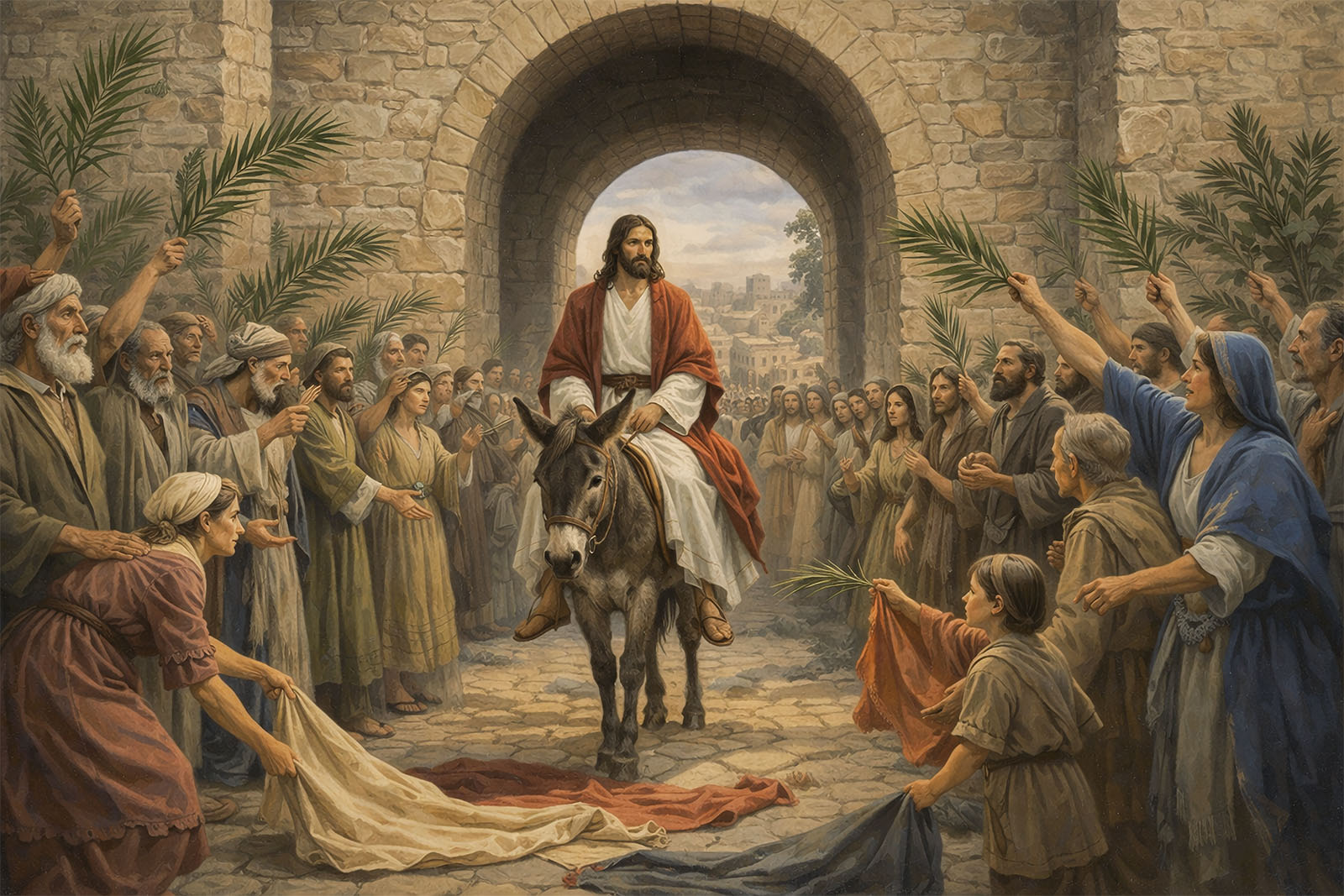 Pilgrims greet Jesus as He rides triumphantly into Jerusalem.